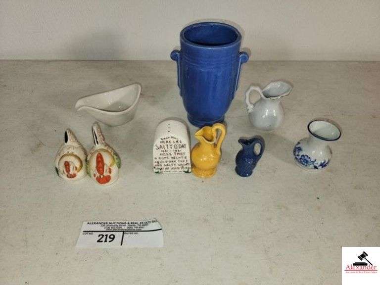 JAPAN ROOSTER HEN SALT AND PEPPER SHAKER - CHINA CREAMER - SMIDT PORCELAIN VASE BLUE AND WHITE - CHINA PAINTED POEM - LITTLE WHITE, YELLOW, AND BLUE PITCHER - STONEWARE VASE WIH HANDLES - (SIDE BEDROOM) image