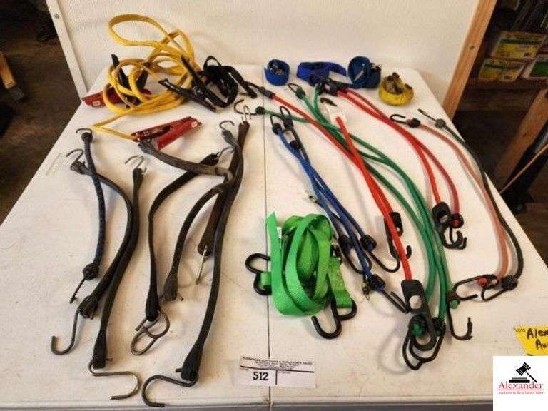 ASSORTMENT OF BUNGEE STRAPS NYLON AND RUBBER - TIE STRAPS - JUMPER CABLES - 20 STRAPS - 4 TIE STRAPS - (TRAILER) image