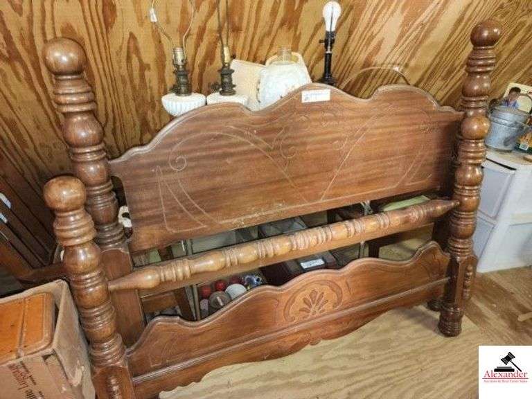 CANNON BALL BEDSTEAD DEPRESSION ERA BED - SHOWS WEAR - COLOR IS FADED WITH SCRATCHES - TWISTED COLUMNS - ETCHED DESIGN - HEADBOARD & FOOTBOARD - (4) SLATS - RAILS  (UPSTAIRS) image