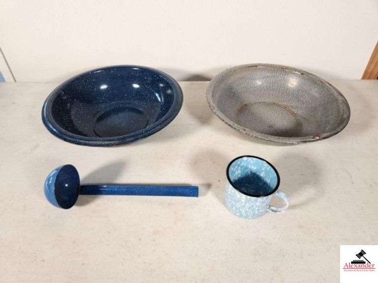 ENAMEL WARE BLUE BOWL GRAY BOWL - DIPPER - BLUE SPLATTER SWIRL TEA CUP (GARAGE) image