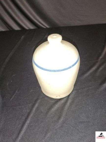 VINTAGE STONEWARE CHICKEN WATERS - WHITE W/ BLUE RING - 5" BASE - 8" TALL - OPEN BOTTOM - SMALL HOLE ON SIDE - (LR) image
