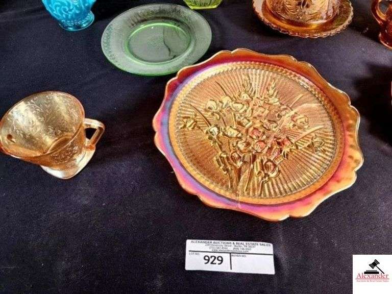 CARNIVAL MERIGOLD TRAY - CRACKED & BEEN REPAIRED AMBER BUTTER DISH, CREAMER, AND SUGAR - DEPRESSION GREEN PLATE - IRRIDECENT FLORAL GOLD SUGAR BOWL - GREEN CANDY DISH - NEEDS CLEANING - LUSTER GLASS PLATE (GARAGE) image