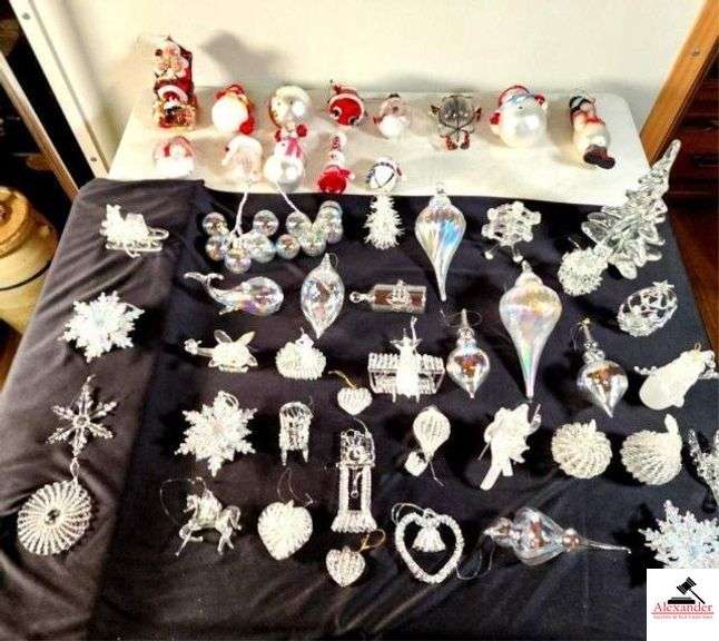 (50) CHRISTMAS ORNAMENTS GLASS & PLASTIC CLEAR AND COLORED - CHRISTMAS TREES - SNOWFLAKES - HEARTS - SNOWMEN - GRANDFATHER CLOCK - SANTA'S - SLEIGH - WHALE - SHIP IN A BOTTLE - UNICORN - ETC - (UPSTAIRS) image