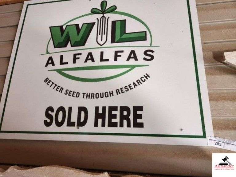 W L ALFALFAS SEED SIGN "BETTER SEED THROUGH RESEARCH SOLD HERE" - 30" TALL X 36" WIDE - (GARAGE) image