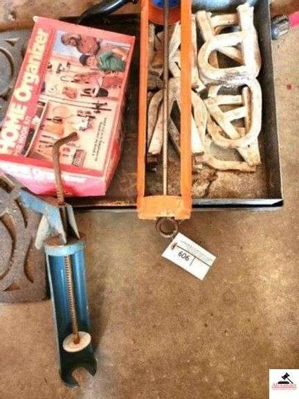 IRON PAINT STENCILS PEG BOARD HOOKS - PARTIAL SET OF NUMBERS - STEEL ROLLING SHOP CART - LARGE CAULKING GUN - AIR STAPLE GUN - (SHOP) image