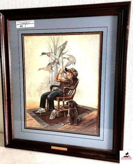 R.J. MCDONALD "DREAMIN" FRAMED PRINT - 1284 / 2000 - CIRCA '87 - CERTIFICATE OF AUTHENTICITY - BOY BLOWING DUCK CALL, LAB PUPPY, AND GREEN HEAD DUCKS - FRAME IS SCRATCHED SOME -  (MASTER BEDROOM) image