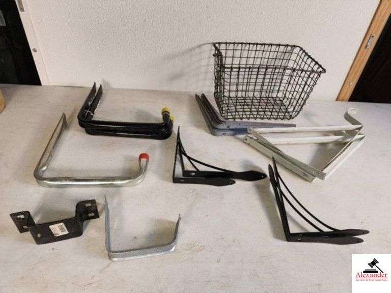 COLLECTION OF WALL BRACKETS WIRE BASKET - SPEED STAKE POCKET - 2 L SHAPED HANG OFF BRACKETS - SOME USED - (TRAILER) image