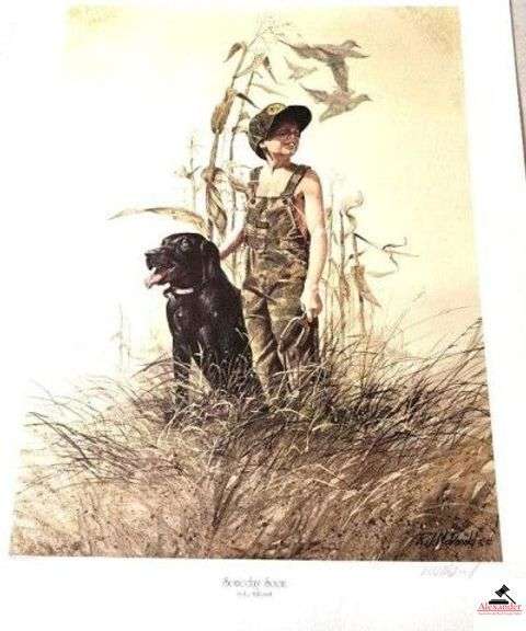 R.J. MCDONALD "SOMEDAY SOON" PRINT  - 391 / 1000 - CIRCA '92 - SIGNED - UNFRAMED - YOUNG BOY WITH SLING SHOT AND A DOG - (MASTER BEDROOM) image