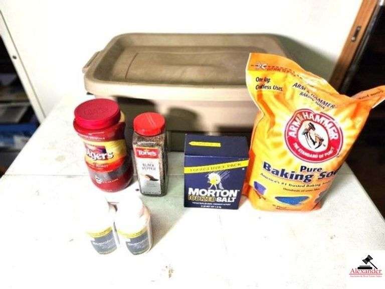 TONE'S BLACK PEPPER - FOLGER'S BLACK COFFEE - MORTON IODIZED SALT - ARM & HAMMER BAKING SODA - IBUPROFEN - TAN THROW RUG - TOTE (UPSTAIRS) image