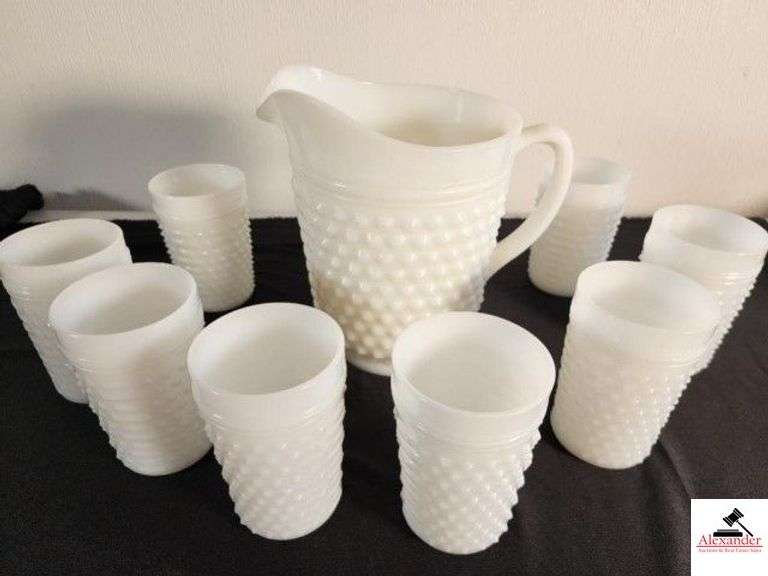 MILKGLASS HOBNAIL PITCHER & (8) GLASSES (GARAGE) image