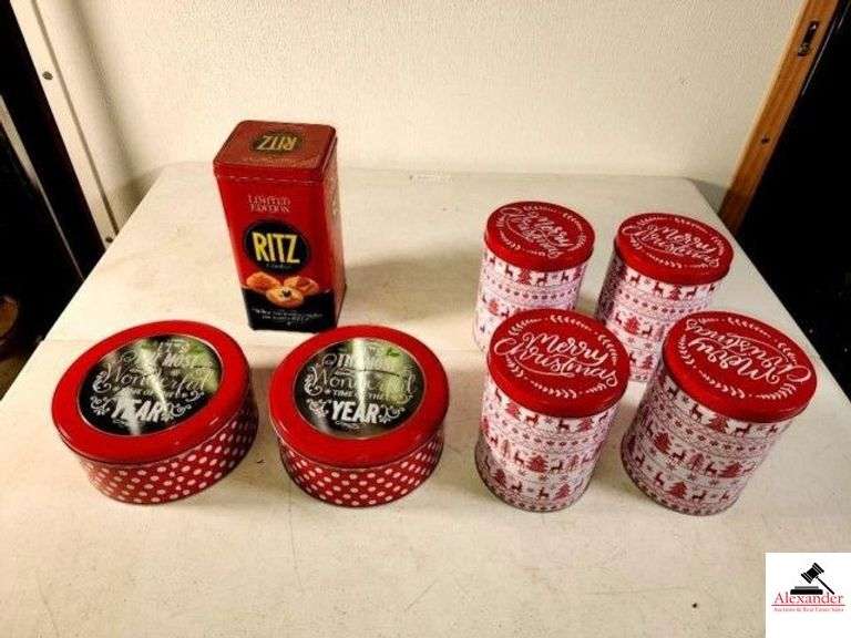 RITZ TIN - (4) CHRISTMAS TINS (2) SHORT CHRISTMAS CAKE TINS - (2) TALL CHRISTMAS TINS - PAINTED GEESE TINS - (UPSTAIRS) image