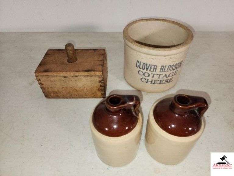 PRIMITIVE RECTANGLE BUTTER MOLD - CLOVER BLOSSOM COTTAGE CHEESE CROCK - (2) SMALL TWO TONE SYRUP JARS WITH HANDLES - (SIDE BEDROOM) image