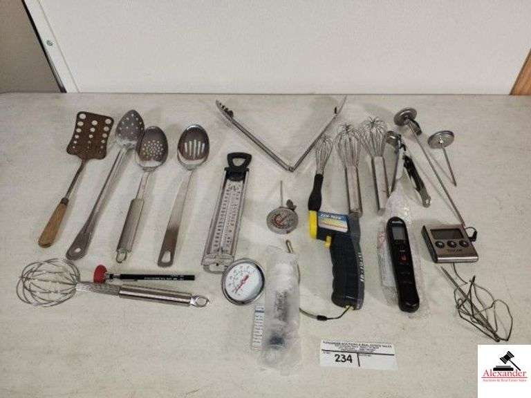 INOXI STAINLESS SPOONS, - COOKING THERMOMETER - TONGS, - INFERED THERMOMERTER - CHARBOIL - DEEP FRY THERMOMETER - WHISPS - image