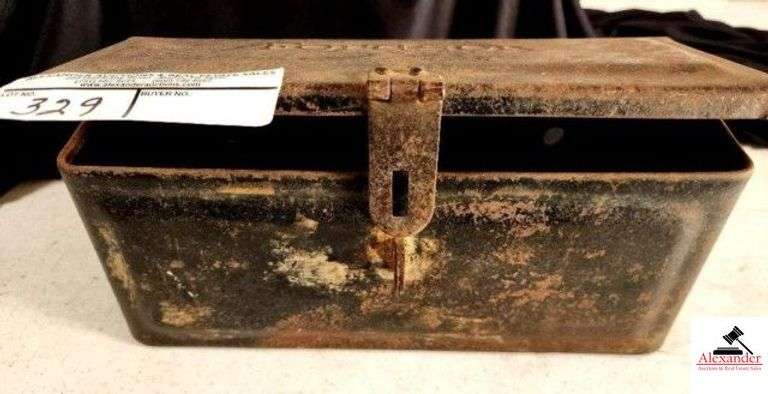 FORDSON METAL TOOL BOX SHOWS WEAR - PAINT IS WORN - SOLID FOR AGE - SHOWS SOME RUST - (GARAGE) image