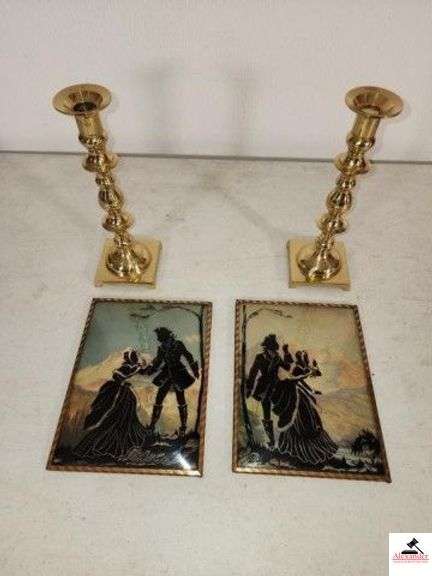 (4) REVERSE PAINTING SILHOUETTE PROTAITS BRASS FRAME - BRASS CANDLESTICKS (UPSTAIRS) image