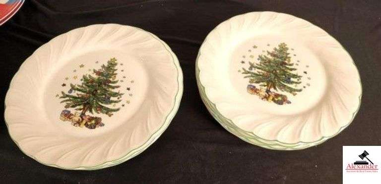 HAPPY HOLIDAY NIKKO CHRISTMAS PLATES 5 PC COMPLETER SET WITH CREAMER & SUGAR - SERVING BOWL - PLATTER - S&P SET - SALAD BOWL 8.5IN - (HOUSE- BEDROOM) image