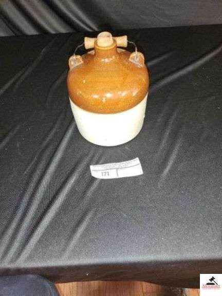 STONEWARE JUG W/ WIRE HANDLE - BROWN & WHITE - 6" BASE - 7" TALL (LR) image