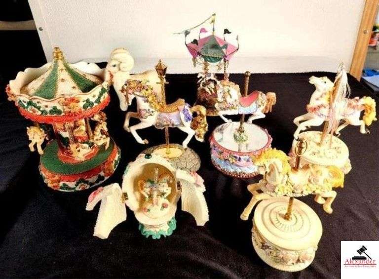 CAROUSEL MERRY-GO-ROUND - CAROUSEL HORSES DECORATIVE BASE - MUSICAL (NEEDS WORK) - CAROUSEL HORSE INSIDE EGG CANOPY (POLE NEEDS GLUED) - CAROUSEL HORSE MUSIC BOX TUNE "SOMEWHERE OUT THERE" (WORKS) - KATHERINE COLLECTION CAROUSEL WITH JEWELS AND METAL BASE, HANGS, HAS (3) HORSES - RAM SHEEP - (8) TOTAL PIECES image