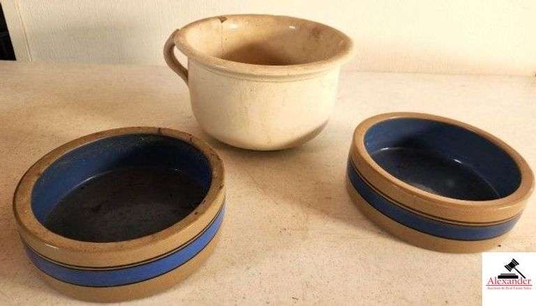 (2) STONE PET FEEDER - BLUE BANDS IRONESTONE CHAMBER POT - CHIPPED AND CRACKED - (GARAGE) image