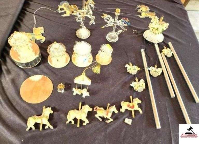 PLASTIC CAROUSELS WITH MIRROR BASES CHINA ORNAMENT CAROUSEL - PLASTIC AND GLASS CAROUSEL HORSES ON POLE - MAGNET CAROUSEL HORSES - ONE OF THE MAGNETS ARE UNGLUED - DECORATIVE CAROUSEL WINDCHIME WITH (4) HORSES - HANGING LEADED GLASS HORSES - (GARAGE) image