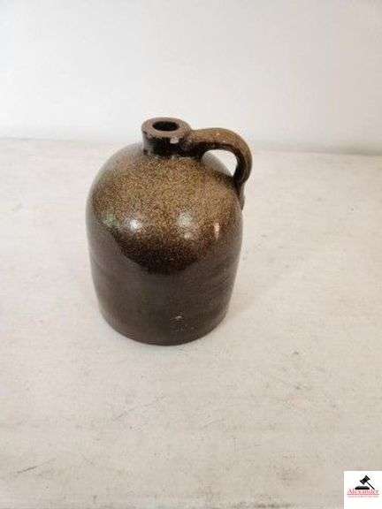 STONEWARE JUG W/ HANDLE - BROWN AND GOLD SPLATTER DESIGN - 7" BASE - 10" TALL -  (LR) image