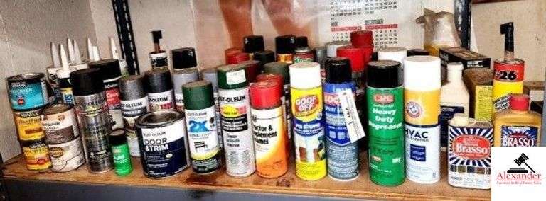 AUTOMOTIVE PAINT SUPPLIES & MISC. BRASSO METAL POLISH - HVAC COIL CLEANER - HEAVY DUTY DEGREASER - POLYCRYLIC - WOOD FINISH - CAULK - NUMEROUS CANS OF SPRAY PAINT - TRACTOR & IMPLEMENT ENAMEL - HOUSEHOLD ROOM FOGGER - HAVOC RAT AND MICE KILLER - (SHOP) image