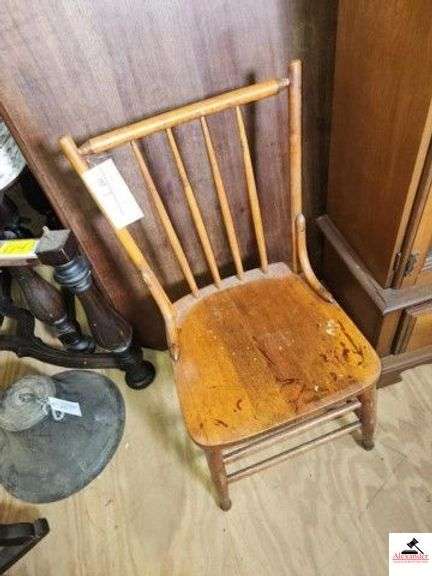 WOODEN STRAIGHT CHAIR SPINDLE BACK - SHOWS SOME WEAR - PAINT SPOTS DROPPED ON IT - NEEDS REFINISHED - (UPSTAIRS) image