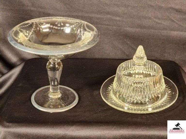 CRYSTAL COMPOTE WITH ETCHED SILVER RIM & ROUND COVERED BUTTER DISH WITH RAY DESIGN - (HALL) image