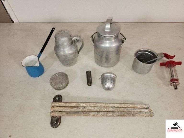 VINTAGE BLUE HANDLEWARE LADLE WATER DIPPER - ALUMINUM SYRUP PITCHER - ALUMINUM BUCKET WITH VAIL - VINTAGE COLLAPSE WATER GLASS - CHILDS ALUMINUM CUP WITH SPOONS - PLASTIC SYRINGE - ALUMINUM - ACORN SIFTER - WOOD TOWEL RACK - (SIDE BEDROOM) image