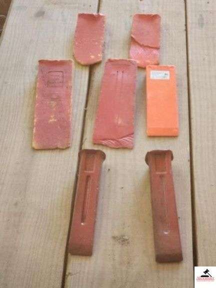 (2) IRON WEDGES - (5) PLASTIC WEDGES - RED PLASTIC TOOL BOX - HANDLE - (IMP. SHED) image