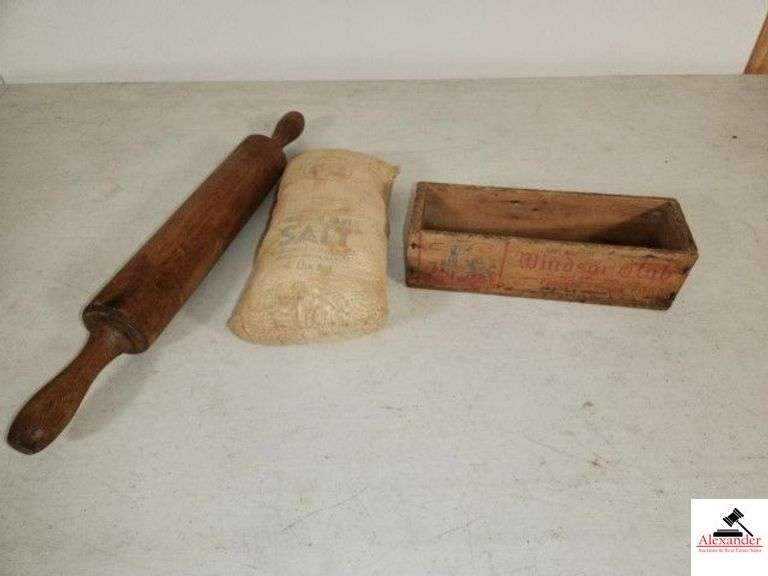 WOODEN ROLLING PIN - CAREY'S PREMIUM TABLE SALT ADVERTISEMENT BAG - COTTON INSIDE - WOOD BOX ADVERTISEMENT FOR WINDSOR CLUB PROCESS CHEESE FOOD MADE IN WISCONSIN - (KITCHEN) image