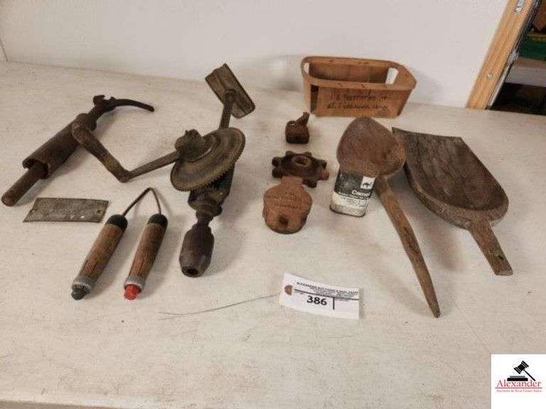 VINTAGE DRILL WITH LEFT HAND RACHET LG3 - TOP ARM PIECE HAS CHIP - IRON COB - SOUTHERN CO MEMPHIS, VINTAGE SLIDING PLIERS PULLER - THE SOUTHERN CO MEMPHIS, TN GAS TANK LID - J. S. MATTHEWS JR JACKSON TN BOX - CAMEL RUBBER REPAIR KIT CAN- WOODEN POINTED CARVED SPOON - CARVED WOODEN SHOVEL - EDWARD D. PRINTED ON BACK - GULF CO NAME PLATE SERIAL NO. 60 - (GARAGE) image