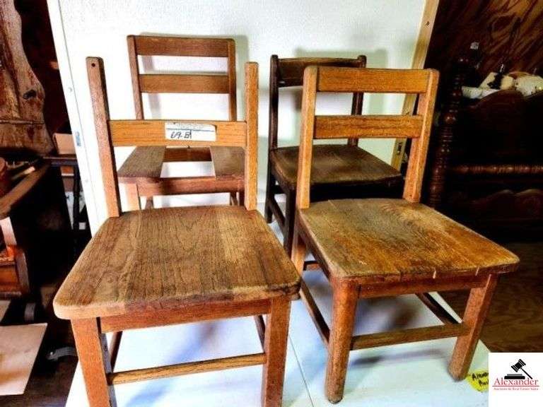 (5) OAK CHILD'S STRAIGHT CHAIRS STRAIGHT BACKS - WOOD SEATS - ONE CHAIR COMPLETE, FINISH WORN - ONE TOP RAIL IS MISSING - ONE HALF SEAT IS MISSING - ONE BOTTOM RAIL MISSING - CHILD'S CHAIR WITH BACK SLATS MISSING - NEED REPAIR - (UPSTAIRS) image