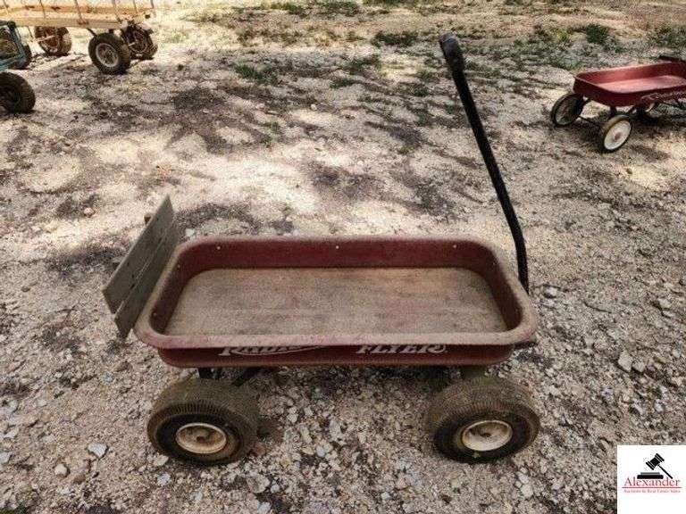 VINTAGE RADIO FLYER RED CHILDS WAGON WITH NUMATIC TIRES - WOOD SLAT TAIL GATE - (IMP SHED) image