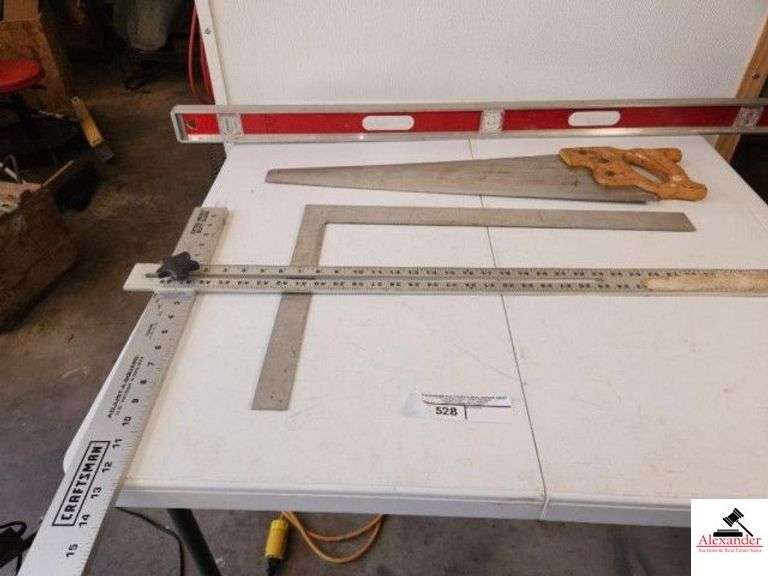 CRAFTSMAN ADJUST-A-SQUARE EXTRA HEAVY DUTY BLADE LUMBER SQUARE - NICHOLSON 500 STAINLESS HAND SAW - 4FT ALUMINUM LEVEL (TRAILER) image
