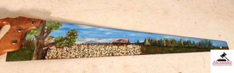 HAND PAINTED SAW WITH A FARM SCENE OF A COTTON FIELD, BARN & TREES - (GARAGE) image