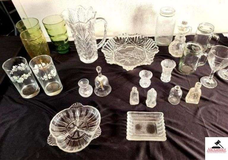 9" TALL VINTAGE CRYSTAL PITCHER - 10" DIAMETER PRESSED FRUIT PLATE - PRESSED TOOTHPICK HOLDER - GLASS BELL - MEDICINE BOTTLES - CRUIT (DAMAGED) - ASHTRAY - MASON JAR CUPS - GREEN AND AMBER GLASSES - QUART JAR - PEDESTAL GLASSES - DIVIDED DISH - (GARAGE) image