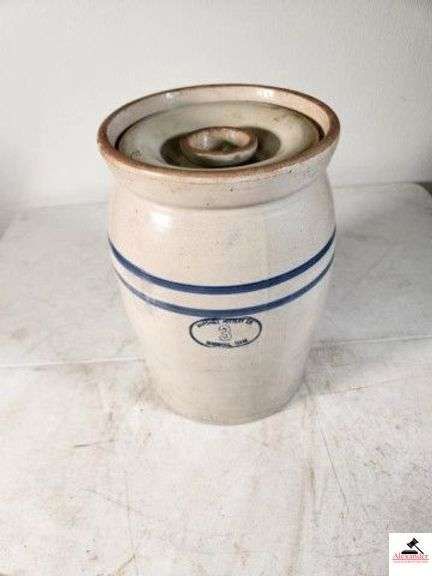 #3 BLUE RING BUTTER CHURN STONEWARE MARSHALL POTTERY, CO. - MARSHALL, TEXAS - NO DASHER - LID HAS A SMALL CHIP - (UPSTAIRS) image