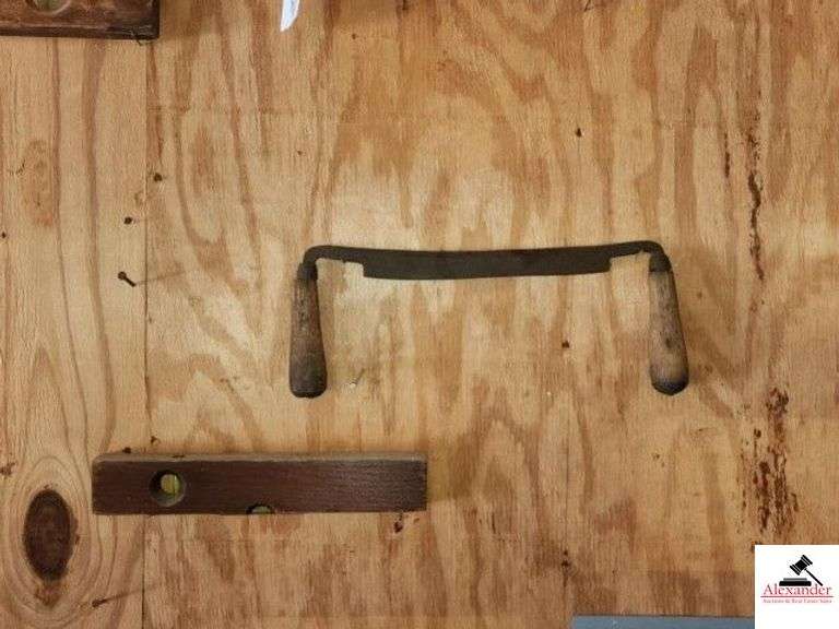(2) VINTAGE HAND SAWS WOOD DRAWING KNIFE - WOOD MALLET - (2) WOOD LEVELS - FILE - (GARAGE) image