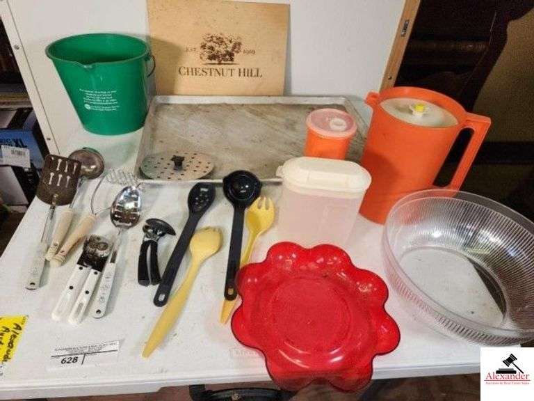 COOKING UTENSILS SPOONS - LADLE - CAN OPENERS - SPATULAS - LRG ALUMINUM BAKING PAN - PLASTIC BOWLS - TEA PITCHER - PLASTIC CONTAINERS - BUCKET - DIXIE BANQUET TABLECLOTH - PARTIAL ROLL (UPSTAIRS) image