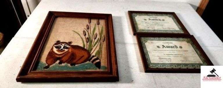 M. JOHNSON "RACCOON & CAT TAILS" ON BURLAP SIGNED - (UPSTAIRS) image