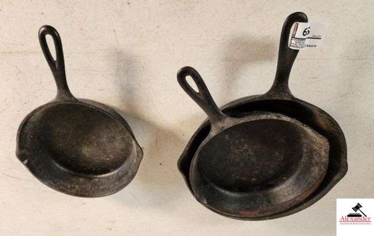 (3) IRON SKILLETS - NEED CLEANING AND OILING - LARGE, MEDIUM, & SMALL - (GARAGE) image