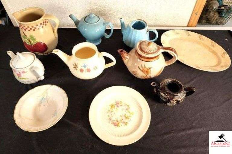 CHINA PITCHERS OLD CHINA PITCHER WITH CHERRY - OLD MCCORMICK TEA POT SPOUT CHIPPED - SADLE ENGLAND PITCHER WITHOUT LID - FRANCISCAIN PITCHER WITHOUT LID - HAND PAINTED PICTURE PITCHER WITH SIGNED MEXICO - JAPAN PICTURE WITHOUT LID - 
SMALL CREAMER - BOWL & PLATES -   (GARAGE) image