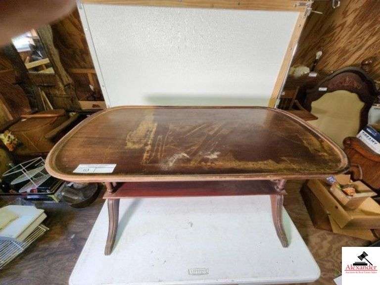 COFFEE TABLE WITH OVAL ENDS FINISH ON TOP IS SCRATCHED & WORN  - NEEDS REFINISHED - (UPSTAIRS) image