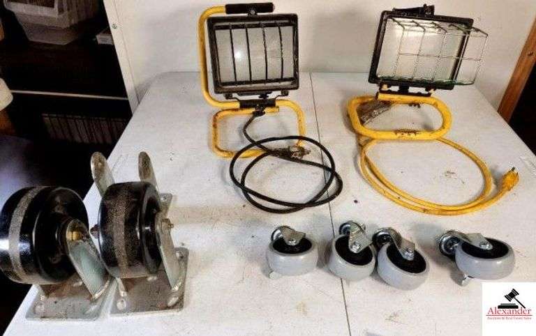 (2) WHEELS AND BRACKETS - (4) SMALL CASTER WHEELS- (2) SHOP LIGHTS - (SHOP) image