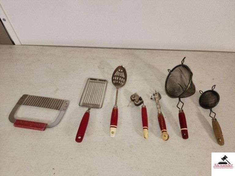 RED USA WOOD HANDLE KITCHEN UTENSILS - SERRATED CUTTER - TOMATO SLICER - SERVICE SLOTTED SPOON - EKCO CAN OPENER - 2 SIFTERS - CAN OPENER - POTATO SLICER - (NW BEDROOM) image