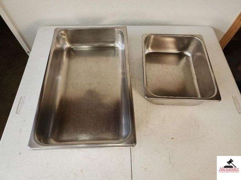 (2) STEAM TABLE PANS STAINLESS STEEL - LID ADDED TO ONE PAN - USED - (TRAILER) image
