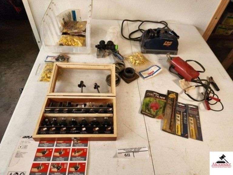 ORGAN HAND GRINDER DRILL DOCTOR XP - MOTOR RUNS - MAY BE MISSING SOME ATTACHMENTS - BOSCH TITANIUM DRILL - WIRE NUTS - CLAMPS - GAS CAN LIDS - SKIL ROUTER BUT SET IN CARRYING CASE (NEW IN BOX) - image