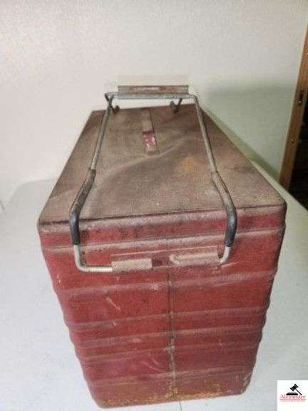VINTAGE FALSTAFF TIN BEER COOLER PAINED RED - BOTTOM REIM SHOWS SOME RUST - TOP HANDLE IS SLIGHTLY BENT - GALVANIZED INTERIOR (GARAGE) image