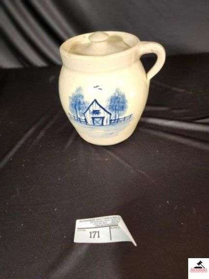 P. R. STORIE POTTERY CROCK WITH LID AND HANDLE - COBALT BLUE BARN AND FENCE SCENE - LID CHIPPED - RIM OF CROCK SMALL CRACK - (KITCHEN) image
